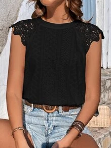 SHEIN Frenchy Blusa con encaje en contraste con cordón trasero de manga raglán - Negro - Ver 2