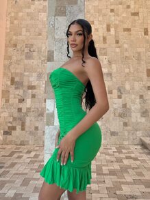 SHEIN SXY Đầm Xù Viên lá sen màu trơn Gợi cảm - màu xanh lá - Xem 4