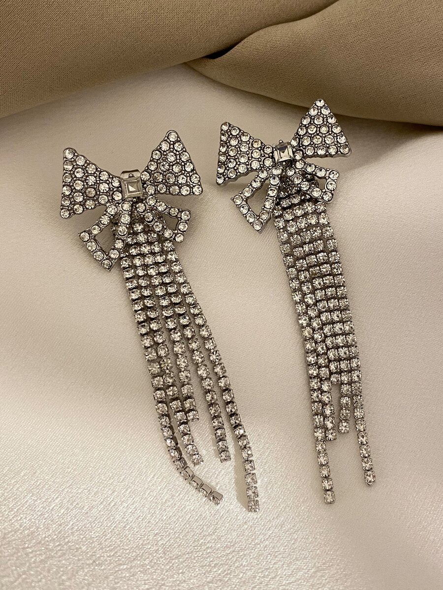 Rhinestone Tassel & Bow Decor Earrings - Multicolor - View 1