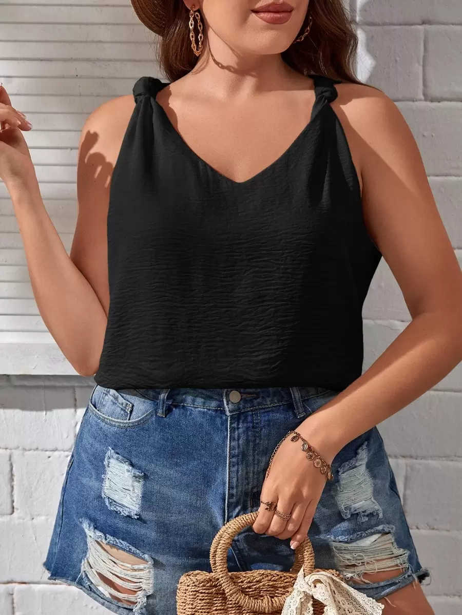 SHEIN Essnce Plus Solid Knot Shoulder Blouse - Black - View 1