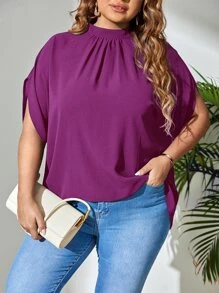 SHEIN Privé Plus Mock Neck Batwing Sleeve Ruched Blouse - Violet Purple - View 1
