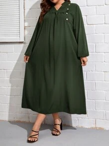 EMERY ROSE Plus Button Detail Lantern Sleeve Dress - Army Green - View 1