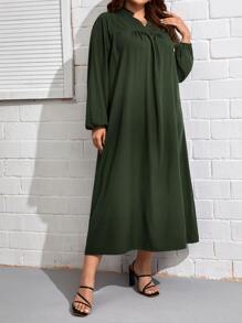 EMERY ROSE Plus Button Detail Lantern Sleeve Dress - Army Green - View 3