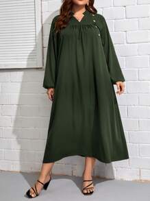 EMERY ROSE Plus Button Detail Lantern Sleeve Dress - Army Green - View 5
