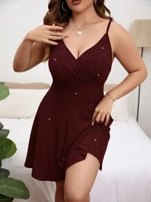 SHEIN Privé 大碼金屬亮絲吊帶連衣裙 - 酒紅色 - 查看 3