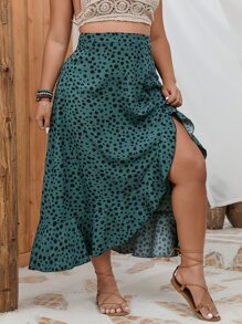 SHEIN Holidaya Plus Dalmatian Print Ruffle Trim Asymmetrical Hem Skirt - Green - View 4
