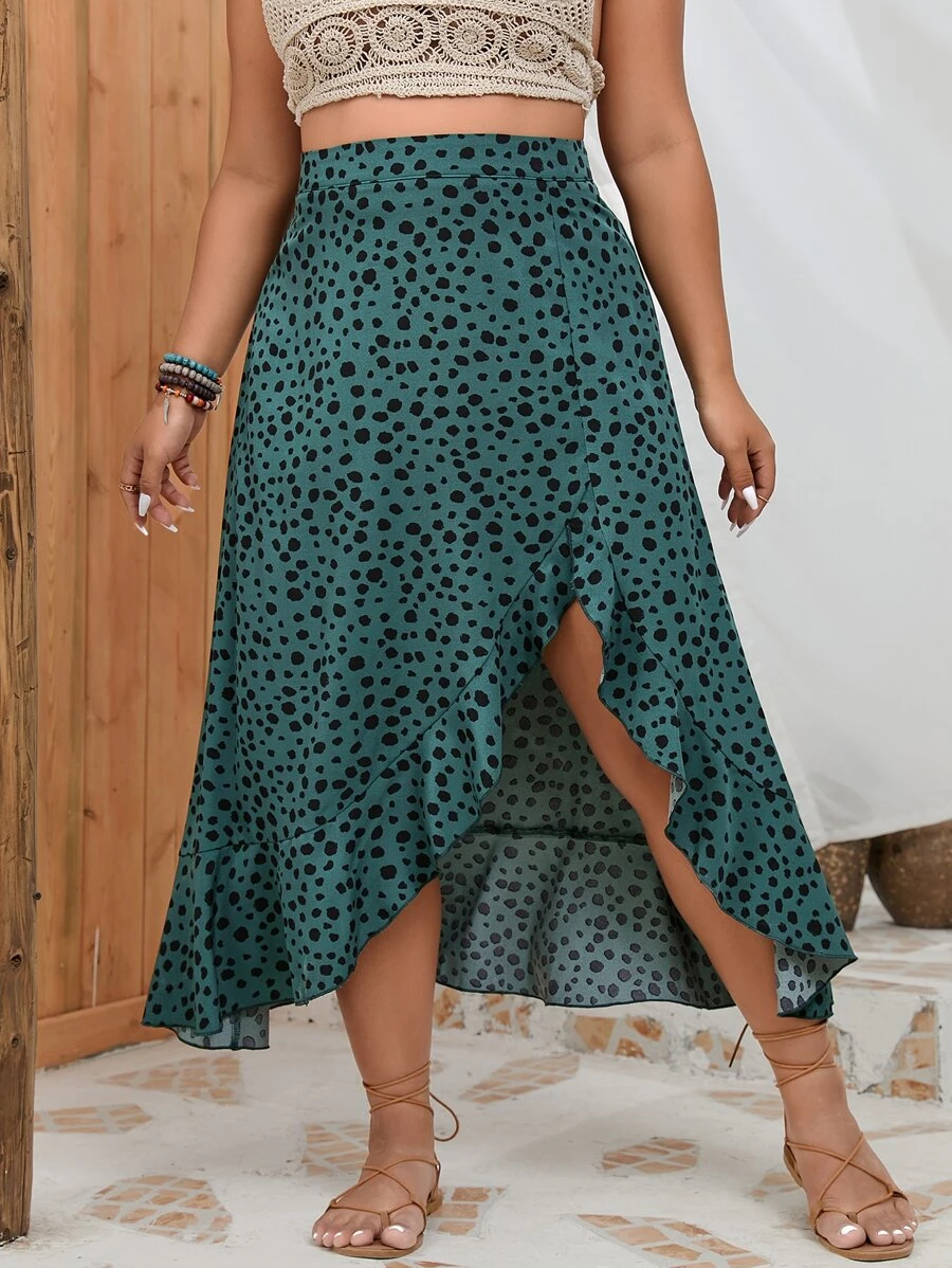 SHEIN Holidaya Plus Dalmatian Print Ruffle Trim Asymmetrical Hem Skirt - Green - View 1