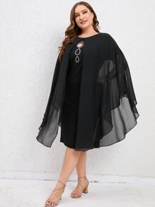 SHEIN Clasi Vestido con diseño de diamante de imitación de manga capa - Negro - Ver 5