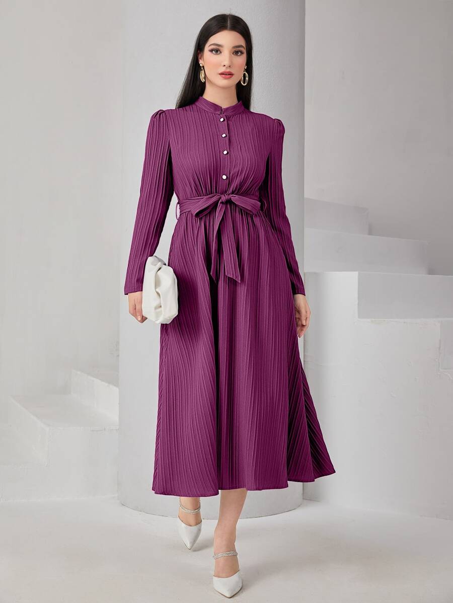 Modelyn Đầm Thắt lưng Nút phía trước màu trơn Thanh lịch - Màu tím - Xem 1