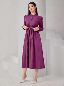 Modelyn Đầm Thắt lưng Nút phía trước màu trơn Thanh lịch - Màu tím - Xem 3