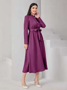 Modelyn Đầm Thắt lưng Nút phía trước màu trơn Thanh lịch - Màu tím - Xem 5