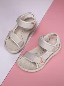 儿童/女孩夏季运动凉鞋，纯色面料鞋面，轻质透气可调节钩环扣，双层防滑鞋底，网眼衬里柔软舒适速干沙滩凉鞋 - 米色 - 查看 2
