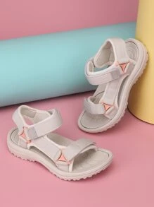 儿童/女孩夏季运动凉鞋，纯色面料鞋面，轻质透气可调节钩环扣，双层防滑鞋底，网眼衬里柔软舒适速干沙滩凉鞋 - 米色 - 查看 3