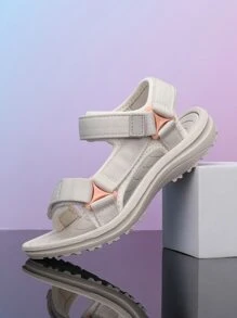 儿童/女孩夏季运动凉鞋，纯色面料鞋面，轻质透气可调节钩环扣，双层防滑鞋底，网眼衬里柔软舒适速干沙滩凉鞋 - 米色 - 查看 5