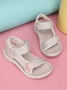 儿童/女孩夏季运动凉鞋，纯色面料鞋面，轻质透气可调节钩环扣，双层防滑鞋底，网眼衬里柔软舒适速干沙滩凉鞋 - 米色 - 查看 6