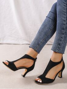 Elegant Black Sandals Boots For Women, Cut Out Design Faux Suede Chunky Heeled Boots