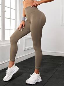 Yoga Basic Quần Leggings Thể thao Nữ màu trơn - Màu Khaki - Xem 4