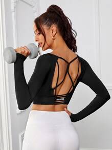 Letter Graphic Cut Out Back Crop Sports Tee - Black - View 1