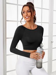 Letter Graphic Cut Out Back Crop Sports Tee - Black - View 2