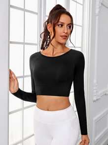 Letter Graphic Cut Out Back Crop Sports Tee - Black - View 3