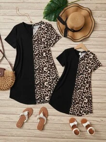 SHEIN Tween Girl 1pc Leopard Print Tee Dress - Multicolor - View 2
