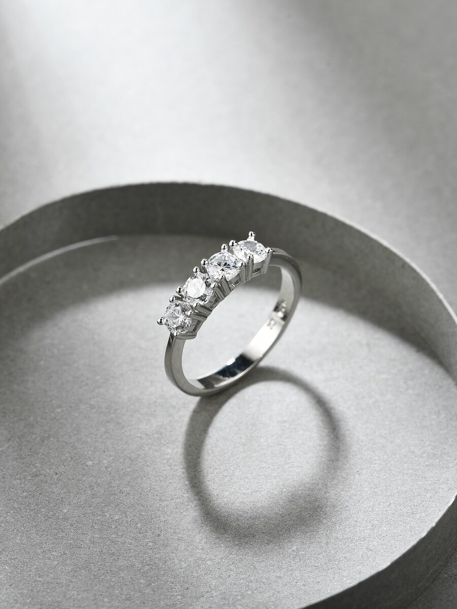 Cubic Zirconia Decor Silver Wedding Band - White - View 1