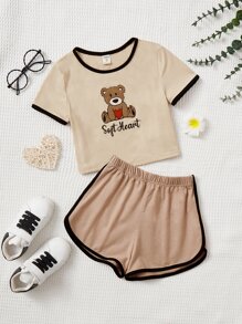 SHEIN Girls Bear & Letter Embroidery Contrast Binding Tee & Shorts - Khaki - View 1