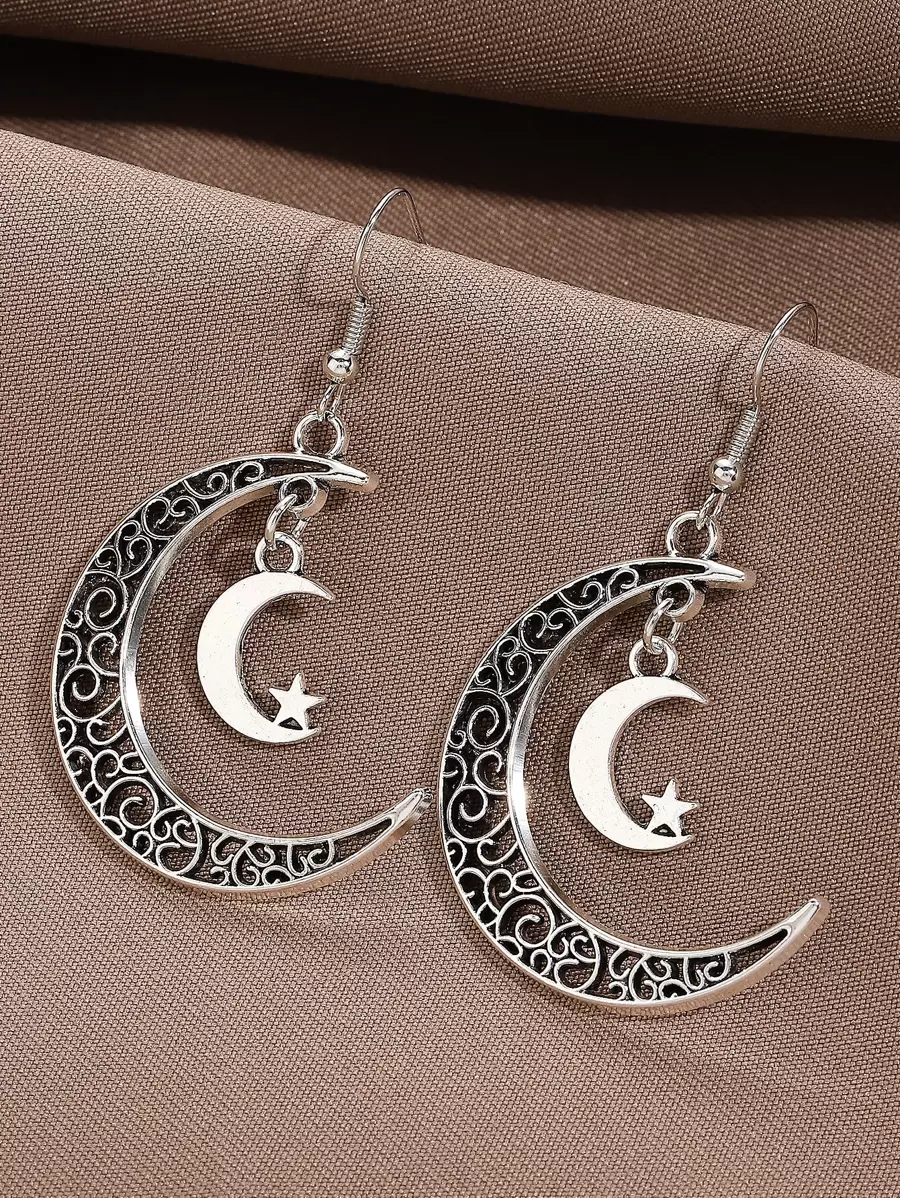 Moon & Star Drop Earrings - Antique Silver - View 1