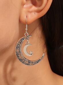 Moon & Star Drop Earrings - Antique Silver - View 2