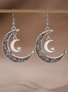 Moon & Star Drop Earrings - Antique Silver - View 3