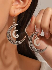 Moon & Star Drop Earrings - Antique Silver - View 5