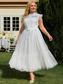 Plus Contrast Lace Ruffle Trim Belted Mesh Bridesmaid Dress - White - View 1