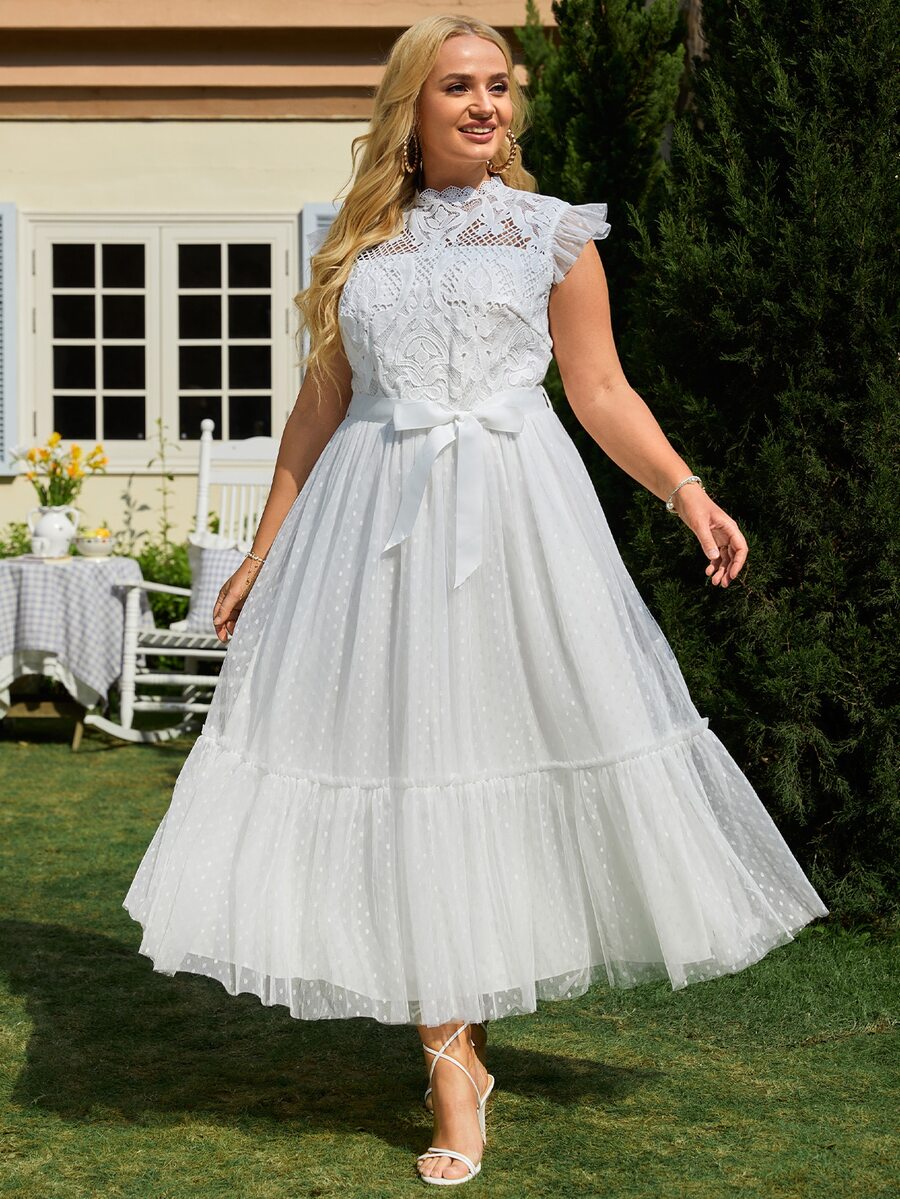 Plus Contrast Lace Ruffle Trim Belted Mesh Bridesmaid Dress - White - View 1