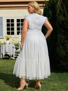 Plus Contrast Lace Ruffle Trim Belted Mesh Bridesmaid Dress - White - View 2