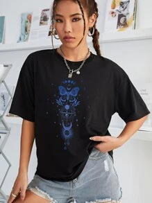 SHEIN LUNE 蝴蝶圖案落肩T恤 - 黑色 - 查看 5