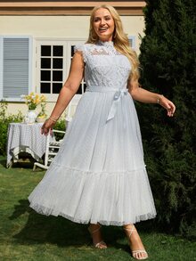 Plus Contrast Lace Ruffle Trim Belted Mesh Bridesmaid Dress - White - View 5