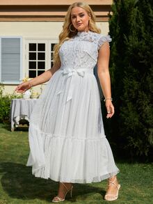 Plus Contrast Lace Ruffle Trim Belted Mesh Bridesmaid Dress - White - View 6