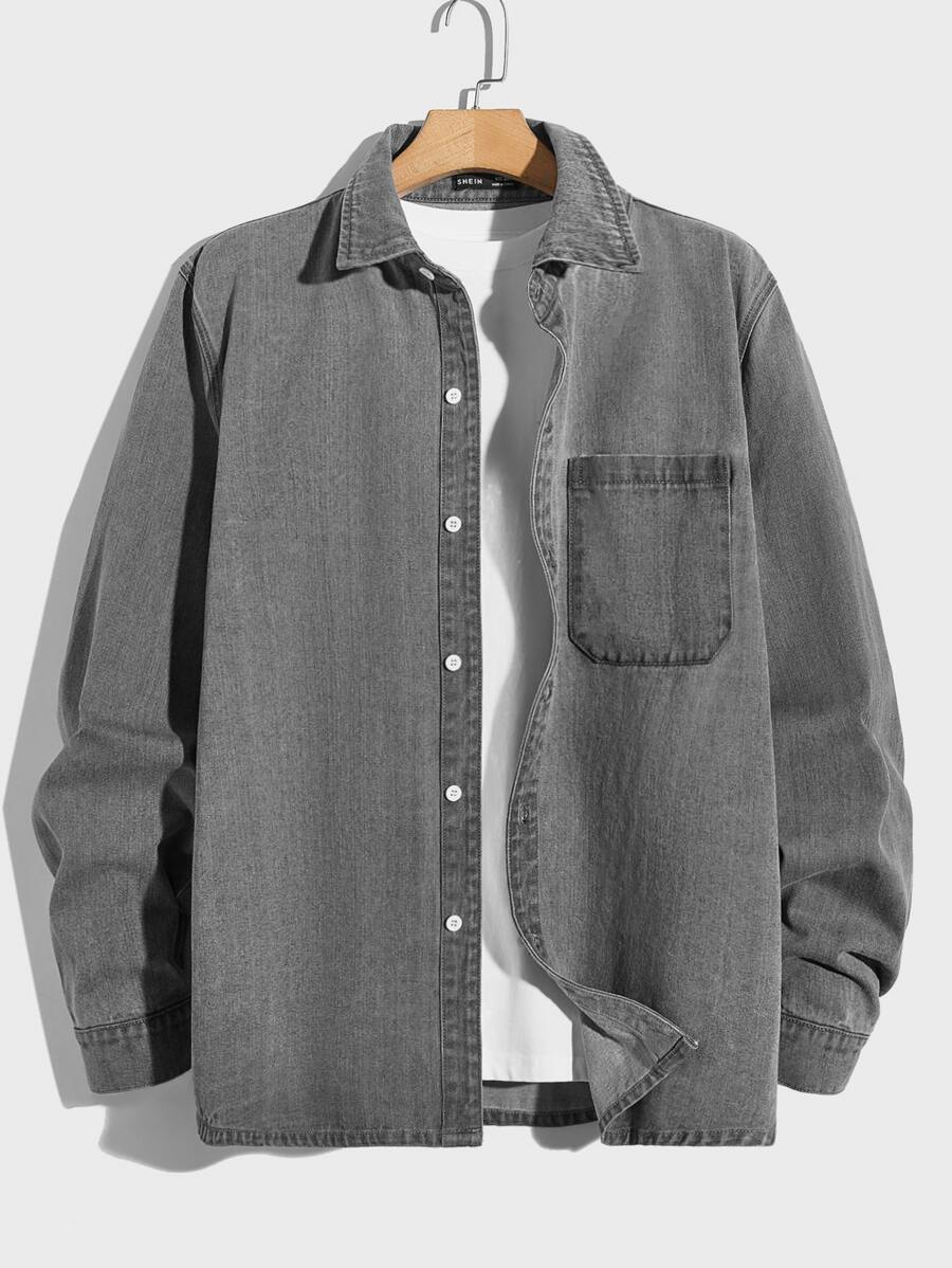 GENTILAND Men Plus Pocket Patched Denim Shirt Without Tee - Grey - View 1