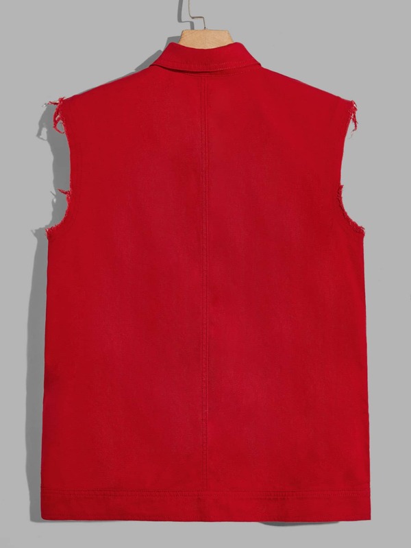 Manfinity EMRG Men Cotton Ripped Frayed Flap Pocket Denim Vest Jacket