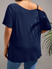 SHEIN LUNE Áo thun Plus size Bất đối xứng Chuỗi xoắn lại màu trơn Giải trí - Màu xanh hải quân - Xem 2