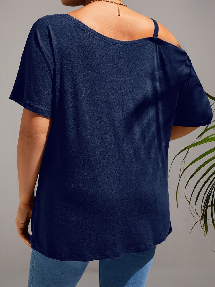 SHEIN LUNE Áo thun Plus size Bất đối xứng Chuỗi xoắn lại màu trơn Giải trí - Màu xanh hải quân - Xem 2