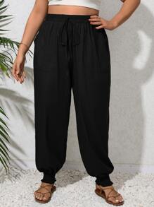 SHEIN VCAY Quần Plus Size Dây kéo Thắt nút Túi màu trơn Giải trí - màu đen - Xem 3