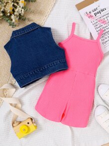 SHEIN Young Girl Flap Pocket Vest Jacket & Ribbed Knit Cami Romper, School, Campus, College - Multicolor - View 2