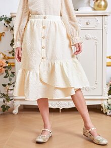 SHEIN Chicas Falda con botón delantero bajo con fruncido - Beis - Ver 4