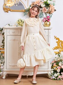 SHEIN Chicas Falda con botón delantero bajo con fruncido - Beis - Ver 3