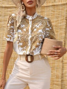 GENKIRA Áo sơ mi nữ Nút phía trước Paisley Giải trí - trắng - Xem 4