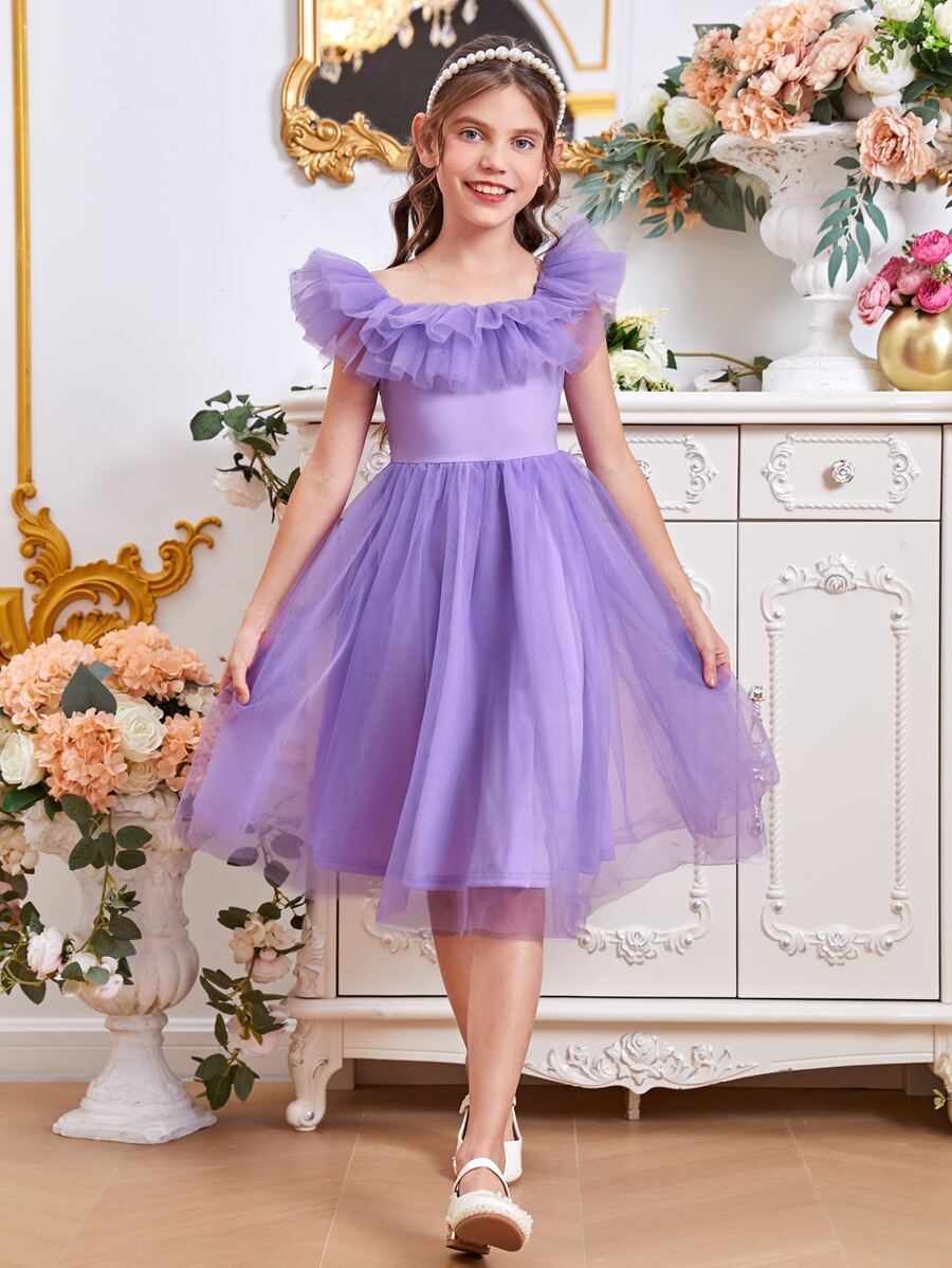 SHEIN Đầm Gái Xù Dây kéo màu trơn Buổi tiệc - Màu Lilac Tím - Xem 1