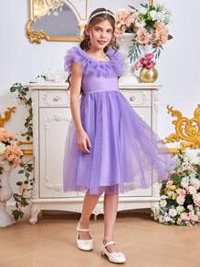SHEIN Đầm Gái Xù Dây kéo màu trơn Buổi tiệc - Màu Lilac Tím - Xem 3