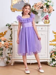 SHEIN Đầm Gái Xù Dây kéo màu trơn Buổi tiệc - Màu Lilac Tím - Xem 4