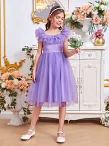 SHEIN Đầm Gái Xù Dây kéo màu trơn Buổi tiệc - Màu Lilac Tím - Xem 6
